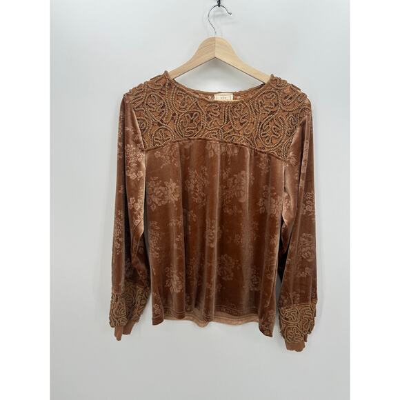 Sterling & Stitch Womens Burnt Orange Crushed Velvet Lace Top Size L Rustic Boho - Picture 1 of 8